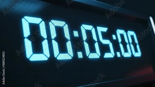 Digital countdown timer displaying five seconds in dramatic lighting