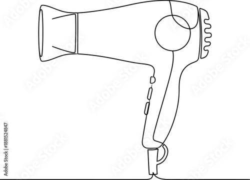 Continuous line art illustration of a compact hair dryer, flat design, solid fill with nozzle on white background, centered, crisp edges. 