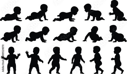 Baby silhouette crawling, walking, standing, infant development stages, toddler movement progression, early childhood growth, motor skills milestone, black vector illustration