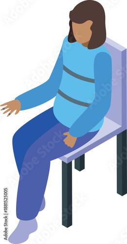 Prisoner woman wearing straitjacket sitting on chair waiting for interrogation in police station