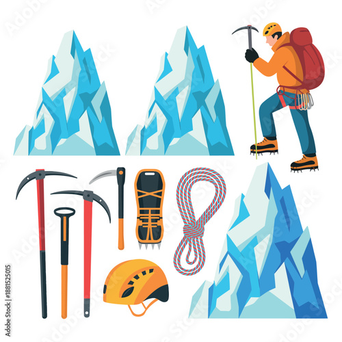 Mountaineer climbing ice mountain with equipment