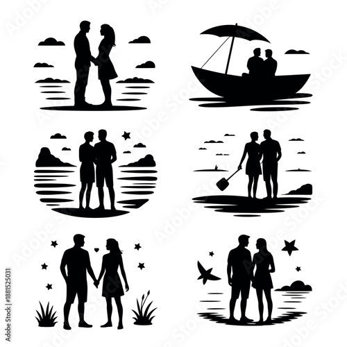 Couple silhouettes enjoying romantic moments by the sea
