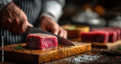 Chef preparing fresh raw meat on a wooden cutting board with herbs and spices, showcasing culinary skills in a warm kitchen environment with rich textures and colors