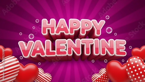 Festive 3d happy valentine text design with floating hearts and vibrant background