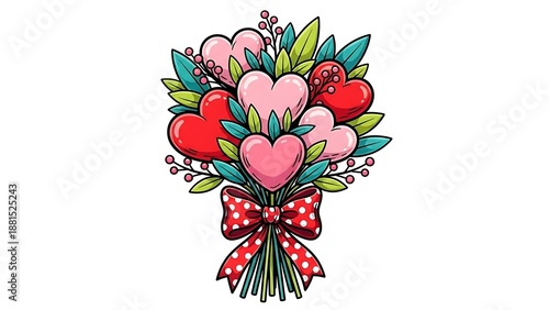 Adorable cartoon bouquet of red and pink hearts tied with a polka dot bow