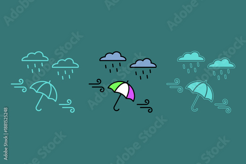 Rainy season illustration showing an umbrella flying and being carried away by windy rain. Weather theme. Nature theme, vector illustration.