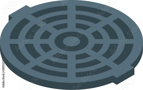 Round metal manhole cover closing a sewer entrance, isometric view