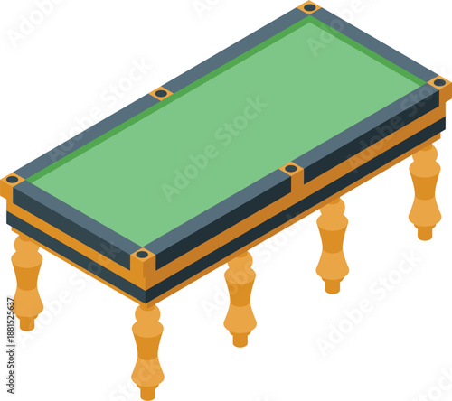 Isometric view of an empty billiard table featuring a green surface and ornate wooden legs, ideal for game rooms or recreational spaces