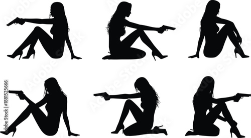 Female gun silhouette set armed woman sitting poses black vector icons isolated on white background action crime design