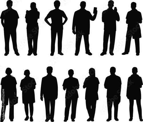   
Human silhouette, standing poses, body language, posture study, gesture reference, people shapes, black figures, design asset, character template, pose collection