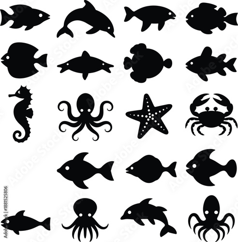 Marine animal silhouettes collection featuring fish dolphin octopus crab seahorse starfish isolated on white background black vector illustration set