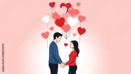 Couple holding hands with heart balloons floating up symbolizing love and romance perfect for Valentines Day or wedding invitations
