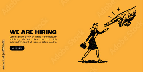 Businesswomen searching for opportunities in recruitment and hiring illustrated on a yellow background