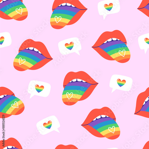  Seamless pattern with red lips with rainbow tongues and heart symbols. Hand drawn vector illustration for Pride designs, fashion prints, social media and modern branding.