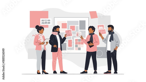 Teamwork brainstorming session with sticky notes and mood board