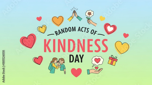 Random Acts of Kindness Day illustration featuring hearts helping hands and gift icons perfect for social media and awareness campaigns