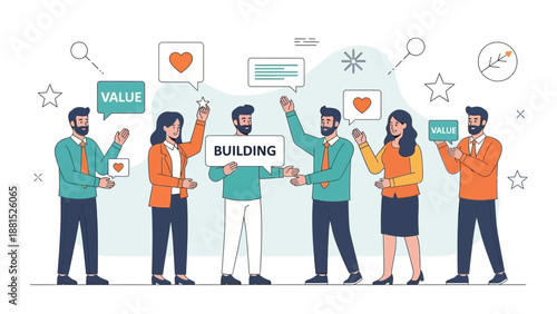 Teamwork building business values and ideas with communication and support