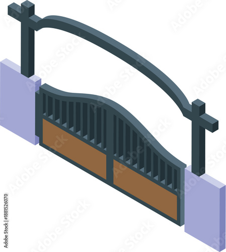 Isometric automatic gate closing, showing a modern gate design with an arch, providing a secure entrance