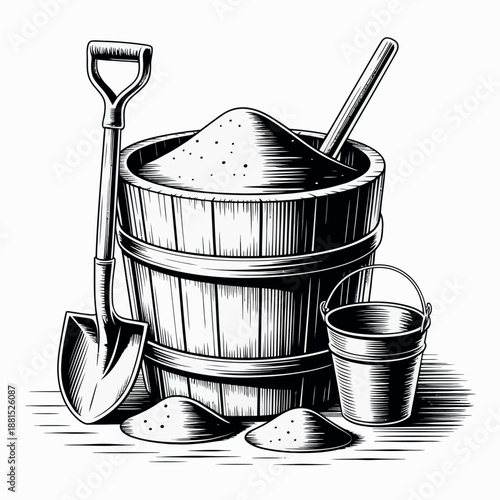 Gardening tools and sand in a wooden bucket
