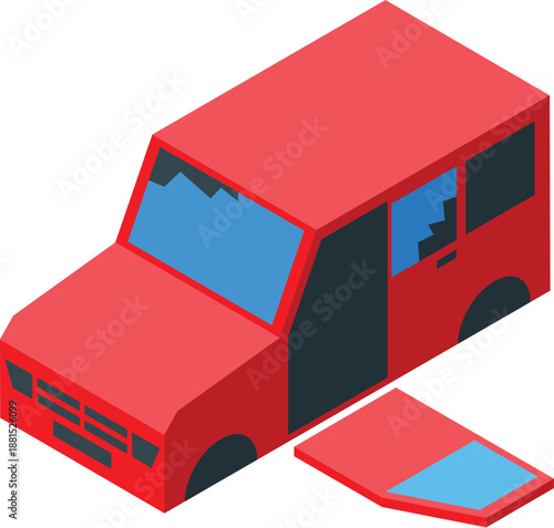 Red vandalized car with broken windows and missing door parked on white background, isometric view