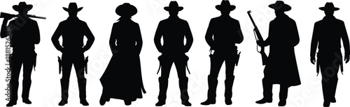 Western cowboy silhouettes standing together, armed wild west outlaws, gunslinger figures, vintage western shadow illustration, isolated on white background 