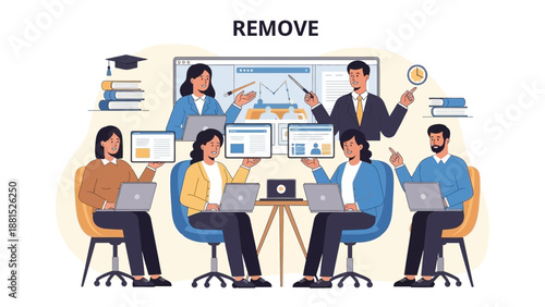 Teamwork Education Concept: Diverse People Learning Online with Laptops and Teacher