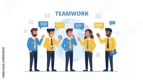 Teamwork concept illustration: Diverse people collaborating with headsets and speech bubbles
