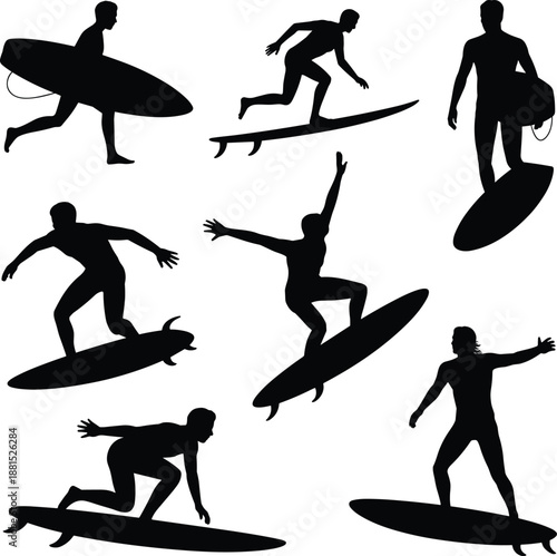 Surfer silhouette vector, surfing poses, beach lifestyle, wave riding action, surfboard icon set, extreme sport, coastal summer illustration