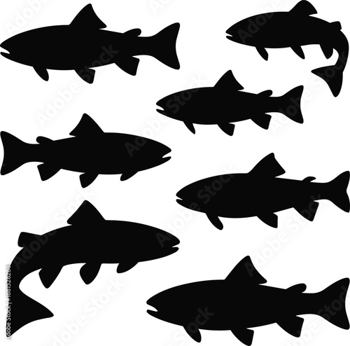Fish silhouette collection isolated on white background aquatic animals swimming poses black vector illustration freshwater marine wildlife design