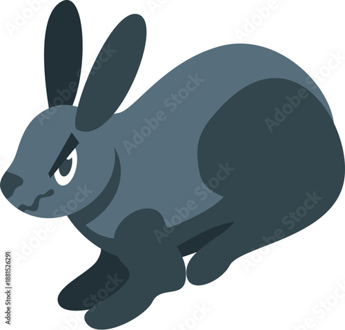 Gray rabbit crouching with angry expression, baring teeth
