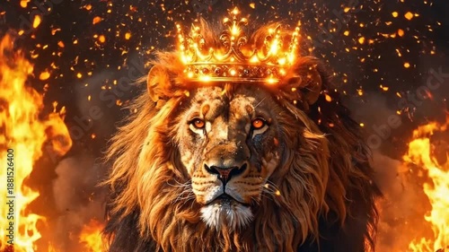 Majestic lion portrait with a golden crown, surrounded by flames and sparks.