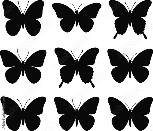 Butterfly silhouette grid set, black insect icons, vector wing shapes, nature clipart, flying bug graphics, entomology design elements