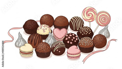 Assortment of gourmet chocolates and candies sweet treats for celebrations Valentines Day or dessert concept isolated on white backgrou