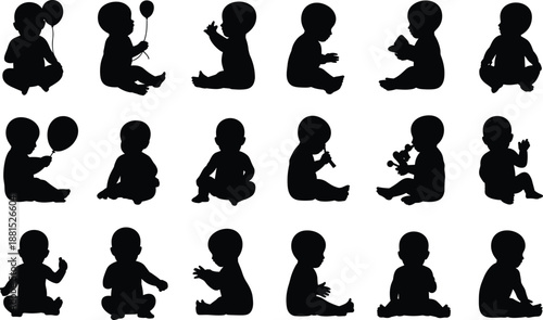 Baby silhouettes set showing sitting infants playing clapping holding balloons toys isolated on white background black vector illustration collection