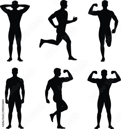 Male fitness silhouette set isolated on white background muscular men running posing strength training exercise black vector illustration