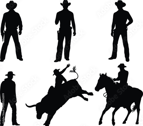 Cowboy silhouette set isolated on white background western gunslinger rodeo bull rider horse poses black vector illustration