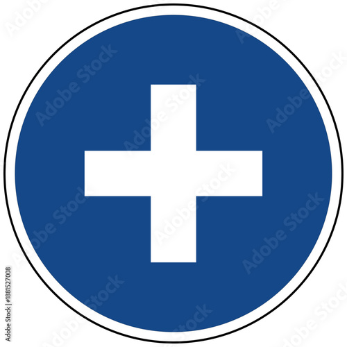 Vektor Illustration weißes Plus Zeichen auf blauem rundem Schild Symbol für Hilfe Gesundheit Medizin Addition positiv und Sicherheit Icon Grafik