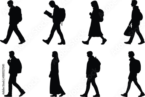 Silhouette walking people, diverse clothing, backpacks, bags, urban motion, black vector, pedestrian poses, isolated, signage, design, icon