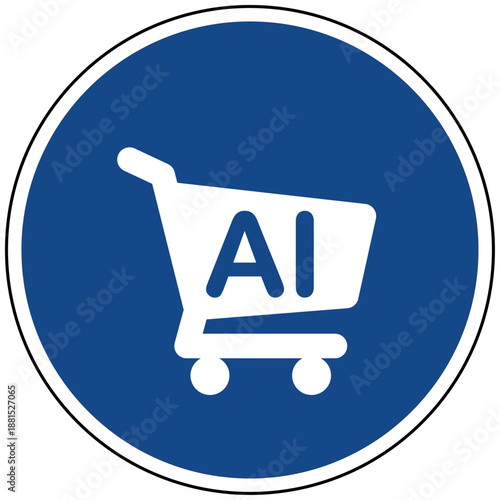 Künstliche Intelligenz Einkaufen Vektor Illustration blaues Schild mit Einkaufswagen und AI Text Symbol für E-Commerce und Smart Shopping Digitalisierung