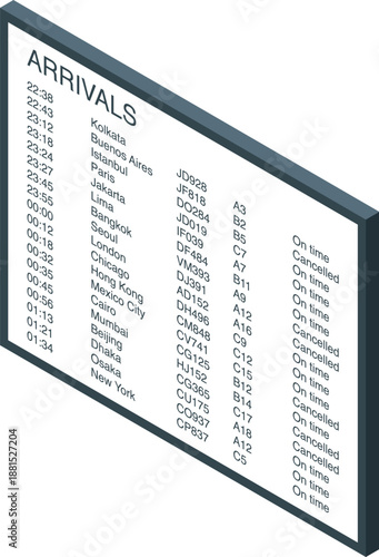 Airport arrivals board displaying flight information, including destinations, scheduled arrival times, flight numbers, gate numbers, and real time status updates