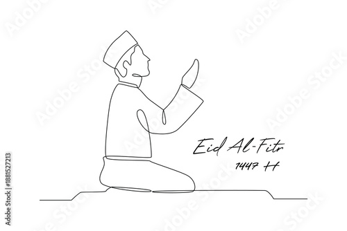 Personal Prayer Moment. Idul Fitri 1447 Concept. Single line draw design. Vector graphic illustration