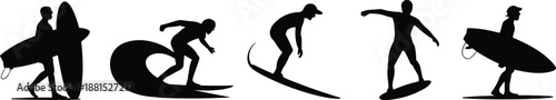 Surfer silhouette vector, surfing poses, beach lifestyle, wave riding, surfboard walking, ocean sport, summer activity, black graphic icon set