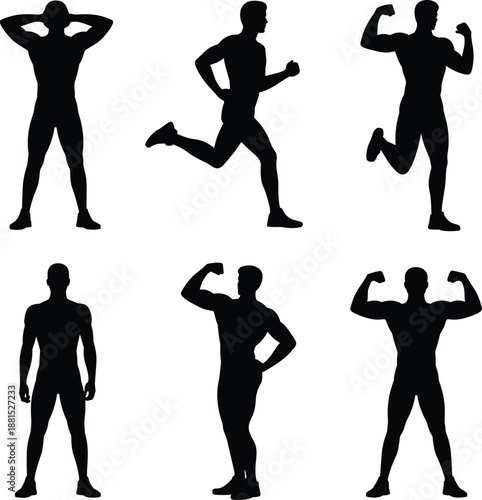 Male fitness silhouette collection isolated on white background muscular men running posing strength training workout black vector illustration
