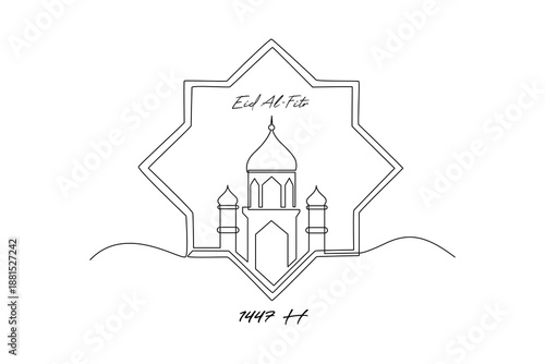 Mosque Architecture Illustration. Idul Fitri 1447 Concept. Single line draw design. Vector graphic illustration