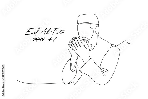 Prayer Reflection Moment. Idul Fitri 1447 Concept. Single line draw design. Vector graphic illustration