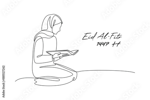 Quran Reading Session. Idul Fitri 1447 Concept. Single line draw design. Vector graphic illustration
