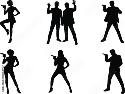 Action spy silhouette set isolated on white background men women aiming handguns crime thriller cinematic poses black vector illustration