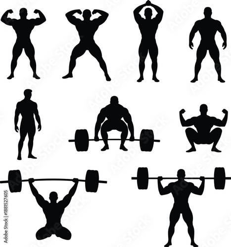 Bodybuilding silhouette, weightlifting pose, barbell exercise, muscular figure, fitness icon, gym chart, strength training, black shape, athlete reference, workout design