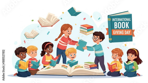 Children celebrating International Book Giving Day sharing and reading books together concept for literacy and education flat vector il