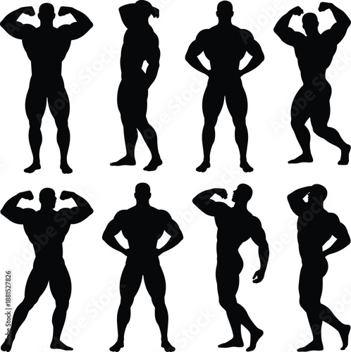 Muscular male bodybuilder silhouette set with classic bodybuilding poses strong athletic fitness man vector isolated on white background